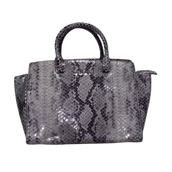 NWT Michael Kors Selma Large Satchel Genuine Leather DK Slate Snake Print New - Picture 1 of 13